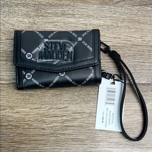 🖤 NWT Steve Madden Wristlet Wallet Black Multi Logo Zip Around Organizer Clutch